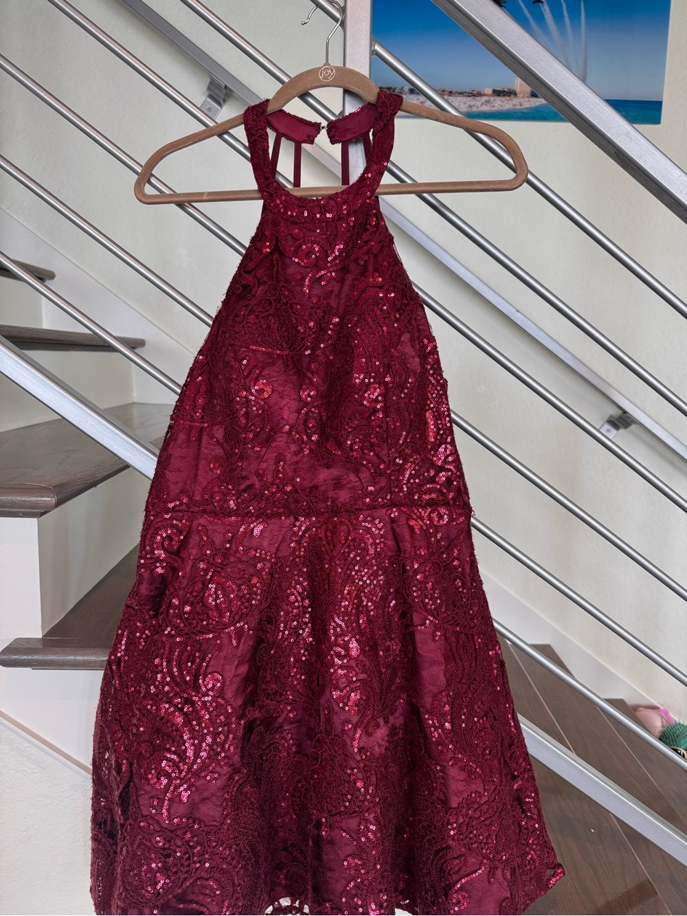 Sequin Hearts Junior’s Burgundy Halter Lace Sequin Dress